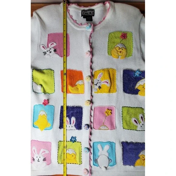 Read Berek Easter Bunny Chicks Flowers Spring Sweater 1XL Whimsical Novelty - Picture 10 of 13